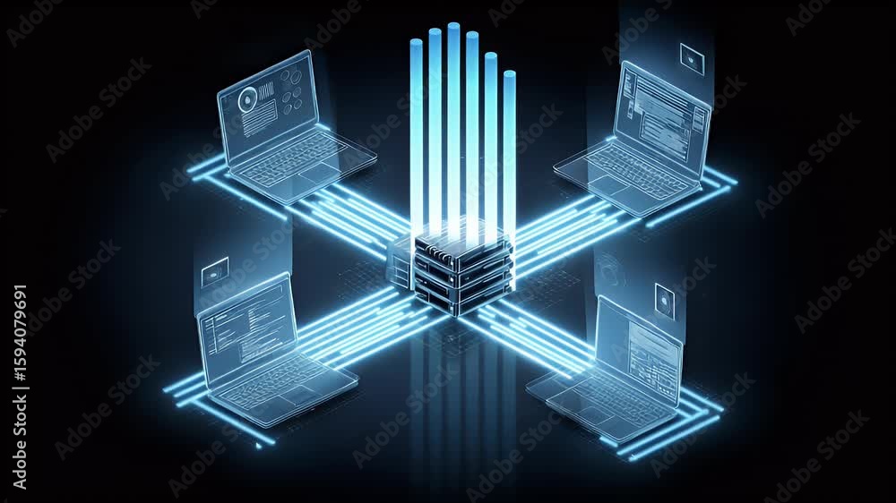 Poster a digital illustration depicting an aerial view of a network connection between multiple laptops and