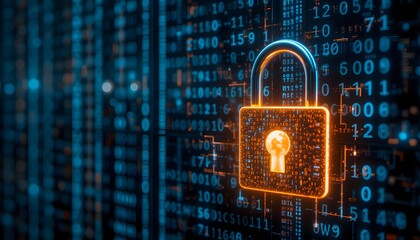 glowing red lock sign with glowing blue binary code background