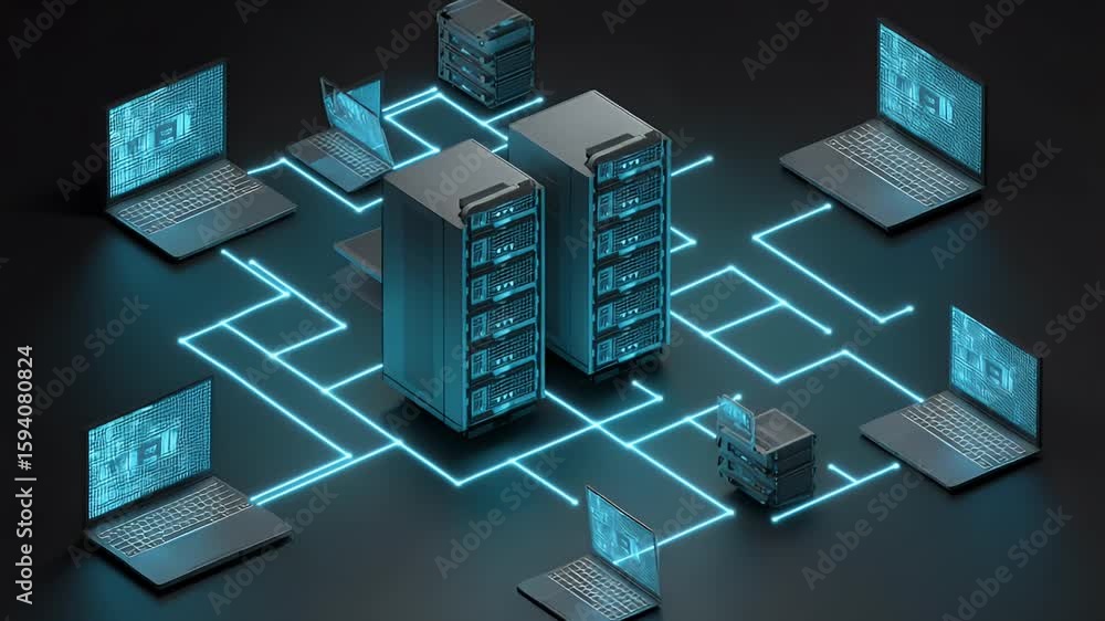 Poster a digital illustration depicting an aerial view of a network connection between multiple laptops and