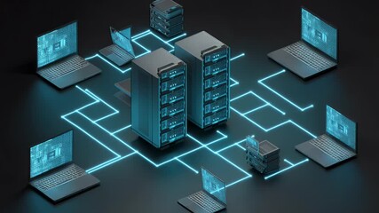 
A digital illustration depicting an aerial view of a network connection between multiple laptops and two server devices, set against a dark background. - Powered by Adobe