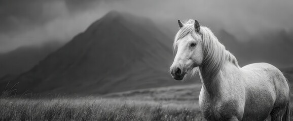 Majestic white horse in a misty landscape
