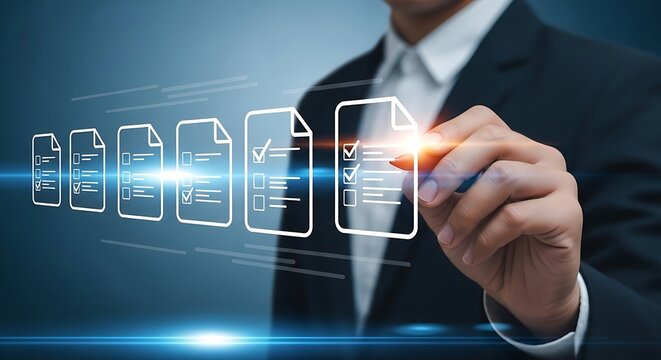 Businessman interacting with digital documents and data on a futuristic interface