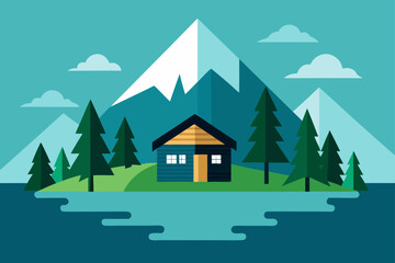 Mountain Cabin View with Pine Trees and Lake