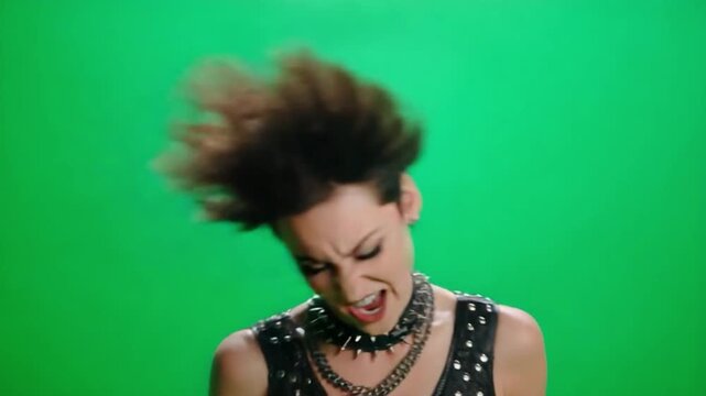 Rock Star's Intense Performance: A powerful vocalist unleashes raw emotion, headbanging with dynamic energy, while performing against a vibrant backdrop, capturing the essence of rebellious music.