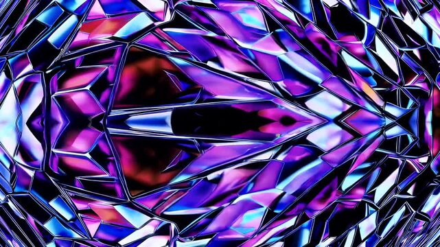 A reflective abstract 3D animation featuring metallic geometric surfaces that shimmer and shift with movement evoking futuristic mirror mosaics with strong specular highlights and dynamic