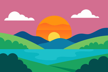 Fototapeta premium Sunset View Over Grassy Hills and Small Lake