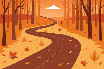 Winding Forest Road Covered in Autumn Leaves