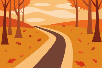 Curving Forest Path with Fallen Autumn Leaves