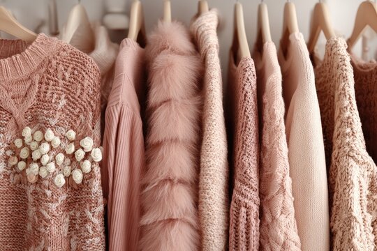 Pink sweaters and coats on hangers