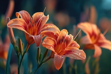 Close-up Of Dew Droplets On Orange Daylily Flowers In Soft Morning Light
