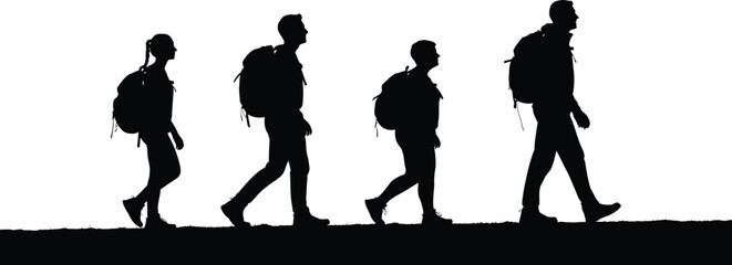 Vector art of silhouette of hikers with backpacks walking
