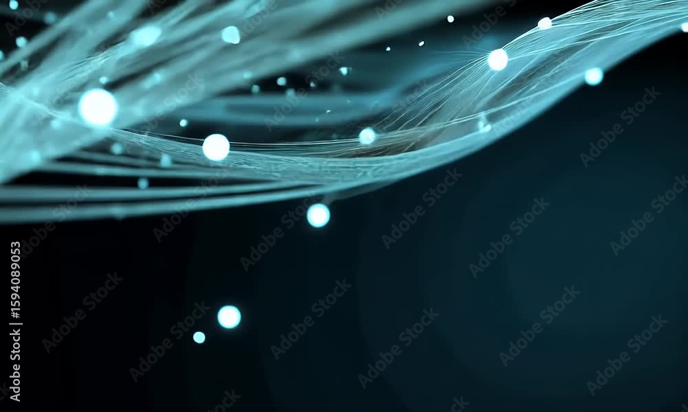 Poster 3d render of glowing blue and white lines swirling on a black background, creating an abstract patte
