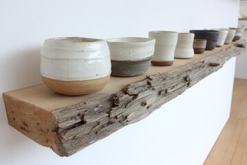 Ceramic vessels on rustic wooden shelf