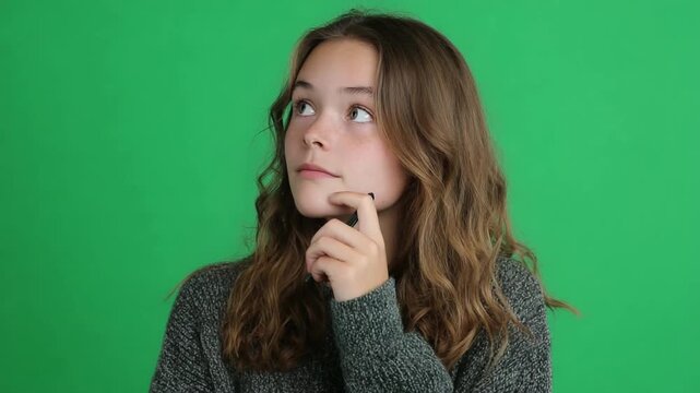 Thoughtful Gaze: A young girl, lost in thought, gazes upward with a contemplative expression. Her hand delicately rests on her chin, suggesting deep contemplation and introspection.