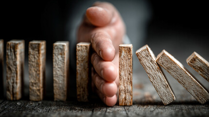 A businessman’s hand halts falling light beige wooden dominoes on a modern white table. Bright white background with empty caption space, symbolizing control, risk management, and preventing chain rea