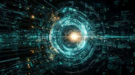 Fototapeta premium Futuristic digital diagram and glowing planet hologram in white, gold, and silver tones, symbolizing fintech, innovation, and technology. Minimal blurred background with caption space on the side.