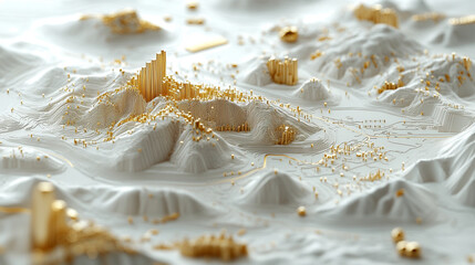 A bright white, gold, and silver-toned GIS mapping concept showcasing layered geographic information. Vibrant geodata highlights intricate topographical features, ideal for spatial analysis and geospa