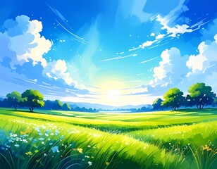 青空と雲と平原の景色の水彩イラスト	