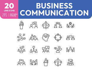 Business Communication Line Icons Set: Teamwork Meetings Presentation Discussion Collaboration.