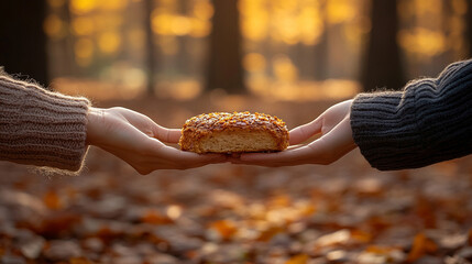 A young volunteer’s gentle hand offers food to a homeless person in warm backlighting. The scene symbolizes compassion, charity, kindness, and humanity, radiating hope and dignity in minimalism.

