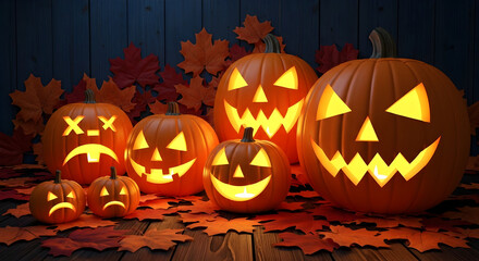 Orange Jack-o'-lanterns Glowing on Wood with Autumn Leaves