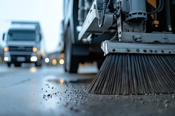 Street sweeper cleaning a wet roadway.
