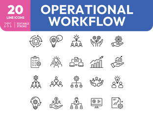 Operational Workflow line icon set for business process and management concepts.