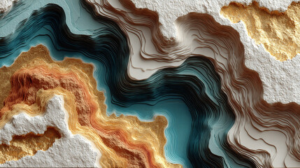 A bright white, gold, and silver-toned GIS mapping concept showcasing layered geographic information. Vibrant geodata highlights intricate topographical features, ideal for spatial analysis and geospa