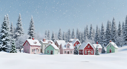 Fototapeta premium Winter Village Scene with Pastel Houses and Snowy Trees