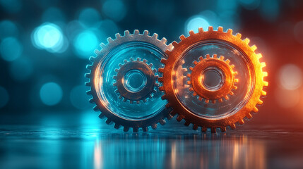 Two transparent 3D gears with a glassmorphism effect float elegantly on a smooth gradient background. Bright tones and blurred caption space highlight modern, futuristic, and minimalistic design.