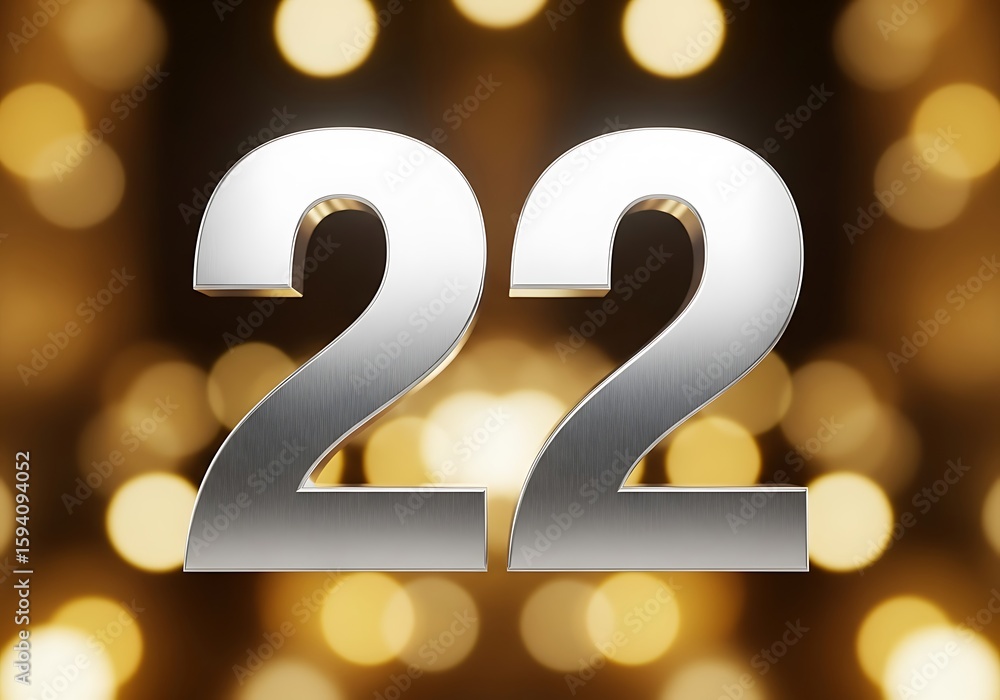 Poster metallic number twenty-two against a bokeh background.