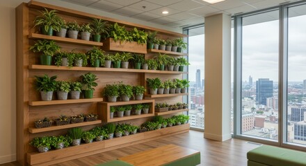Modern Indoor Plant Wall with Natural Light in Urban Office Space