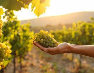 Hand Holding Grapes in Vineyard: Fresh Fruit Harvest in Outdoor Garden, Ripe Grape Bunch for Agriculture, Farming, Organic Food, Natural Fruit Picking Scene in the Countryside