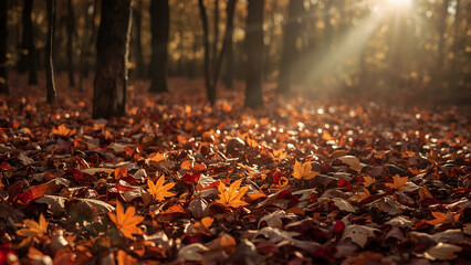 Obraz premium Autumn Forest Floor 8K Background, Fall Leaves Sunlight 8K Background, Vibrant Woodland Path 8K Background