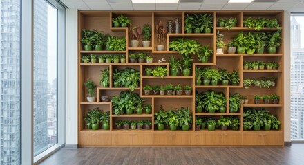 Lush Indoor Plant Wall in Modern Office Space with Natural Light