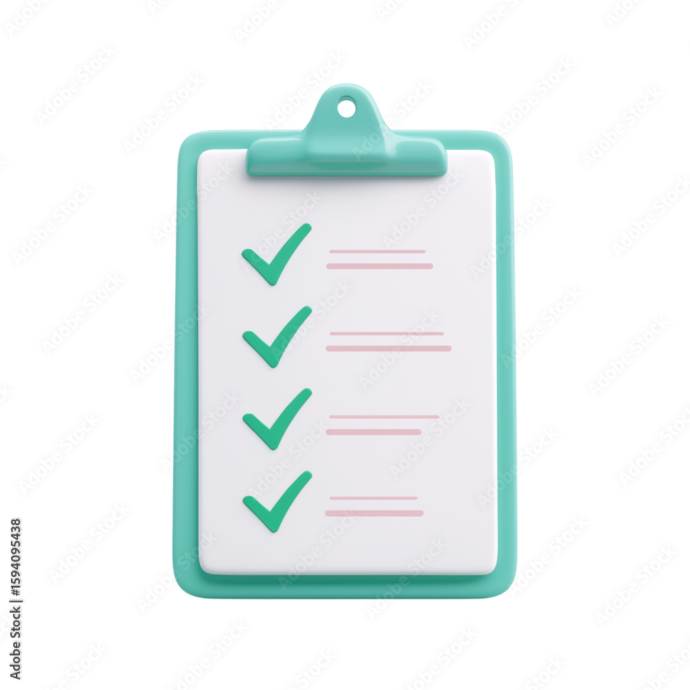 Poster 3d rendered checklist with green checkmarks isolated on transparent background