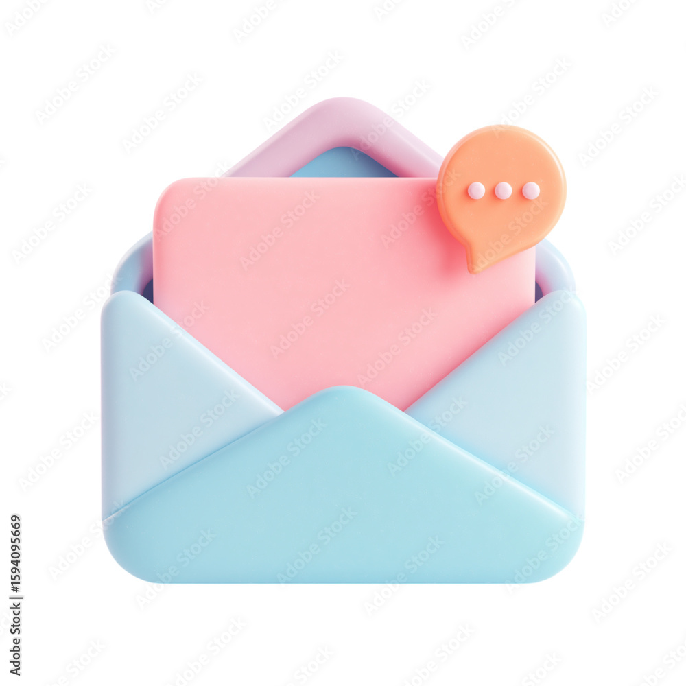 Fototapete 3d rendering of an open envelope with a pink card and speech bubble isolated on transparent backgrou