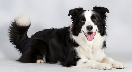 Fototapeta premium Happy Black and White Dog Lying Down on Light Background