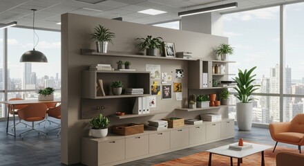 Modern Office Interior with Plants and Open City View
