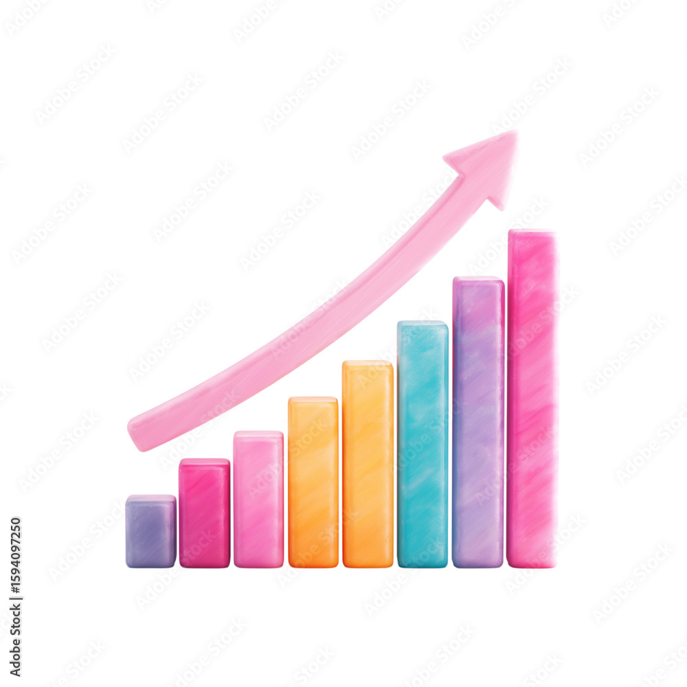Poster colorful 3d bar chart with upward arrow isolated on transparent background