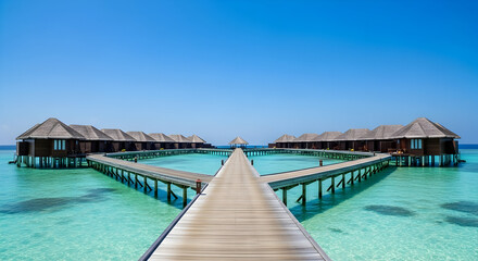 Wooden Overwater Bungalows on Pier Extending Over Turquoise Ocean Under Blue Sky