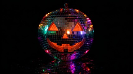 Halloween pumpkin disco ball with colorful lights on black background 