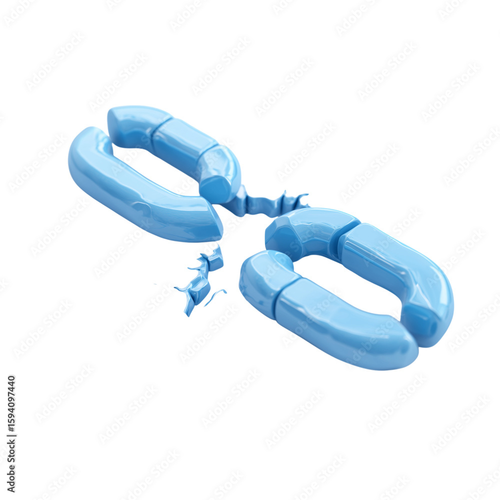 Poster broken blue chain link symbol with splashing liquid isolated on transparent background