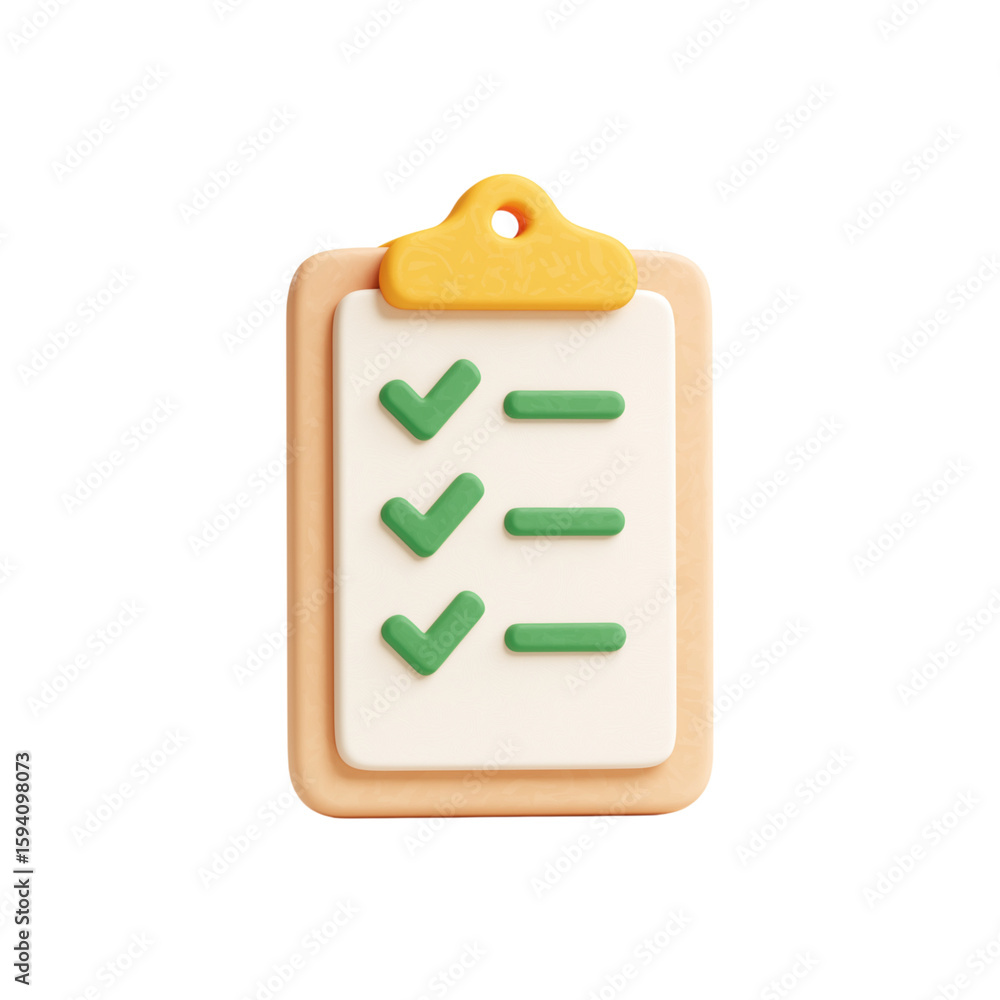 Poster cute 3d checklist clipboard with green checkmarks isolated on transparent background
