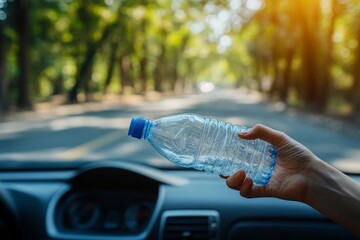 Woman discarding a plastic bottle from a car window on the road, symbolizing the negative impact of environmental waste and the need for global efforts to protect nature, Generative AI