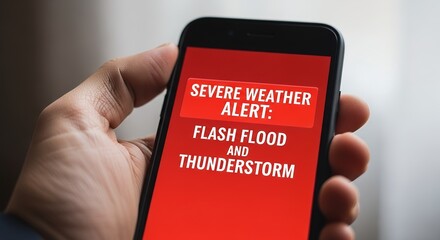 Flash Flood and Thunderstorm Warning - Hand Holding Phone with Severe Weather Alert on Red Screen