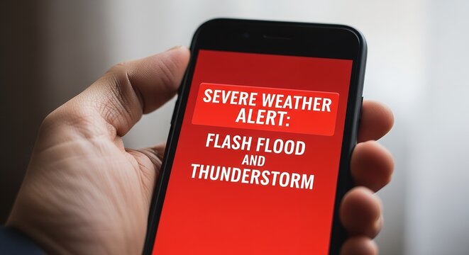 Flash Flood and Thunderstorm Warning - Hand Holding Phone with Severe Weather Alert on Red Screen