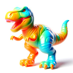 Fototapeta premium Colorful gradient dinosaur toy, 3D cartoon render with glossy finish, cute plastic kids figure in green orange red color