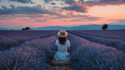 Woman Watching Sunset in Lavender Field Seeking Peace and Serenity


