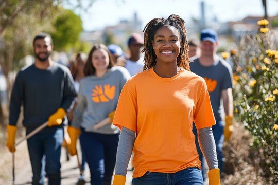 Diverse group of volunteers walking with tools to participate in a street clean-up event, promoting community service and environmental stewardship, Generative AI